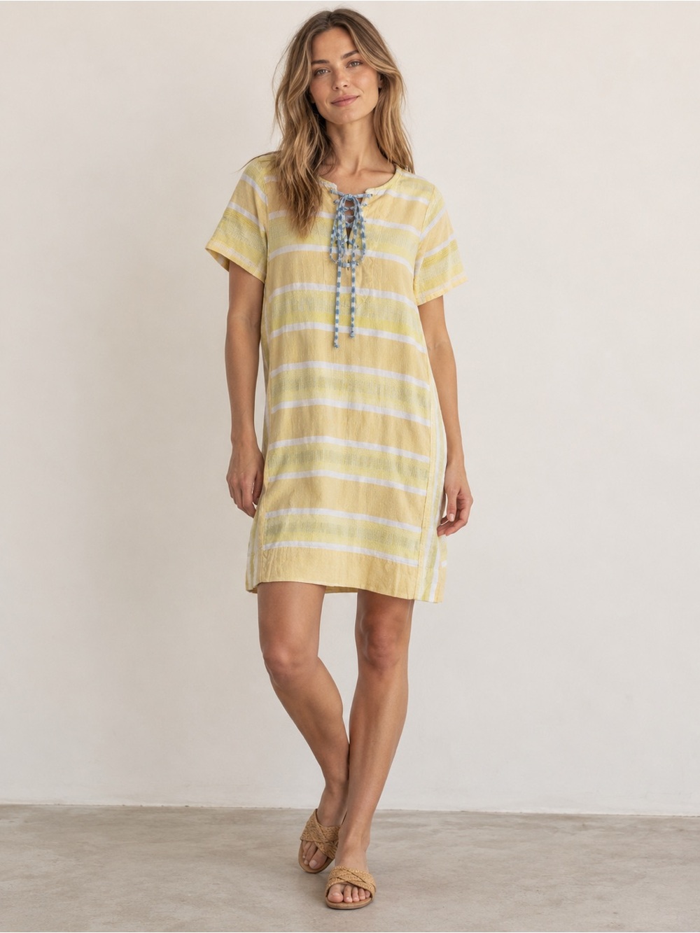 Ace & Jig Yellow and White Striped Woven Cotton Shift Dress M